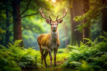 Naklejka premium Majestic Deer Standing Proudly in the Forest with Lush Greenery and Natural Light Surrounding It