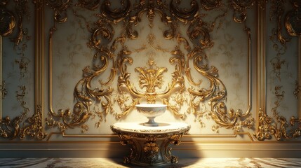 Intricate Italian Rococo pattern with detailed gold ornamentation on a luxurious interior wall featuring elaborate baroque designs and lavish golden decor
