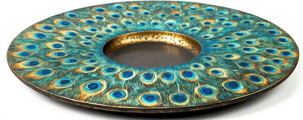 Intricately designed plate with vibrant Indian peacock feather pattern, showcasing elegance and cultural artistry in vivid blue and green hues for home décor or collection
