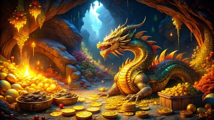 Fototapeta premium Majestic Dragon's Hoard of Glittering Gold Coins and Treasures in a Mysterious Cave Setting