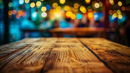 Empty wooden table with christmas theme in background, Warm Glow: A Cozy Evening at a Wooden Table