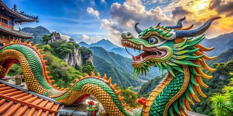 Fototapeta premium Majestic Dragon Sculpture in Traditional Chinese Style Surrounded by Lush Greenery and Mountains