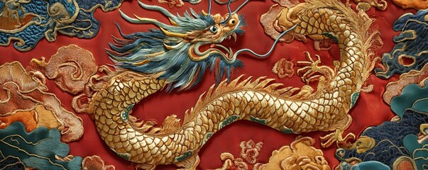 Obraz premium Intricate traditional Chinese dragon artwork on rich red tapestry, showcasing ornate embroidery and vibrant colors