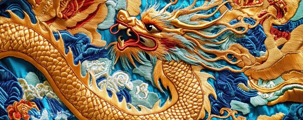 Intricate traditional Chinese dragon embroidery in vibrant gold and blue colors, showcasing cultural artistry and exquisite attention to detail