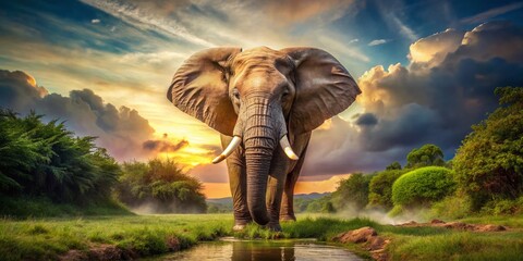 Fototapeta premium Majestic Elephant Photoshoot in Natural Habitat Capturing Graceful Movement and Stunning Detail