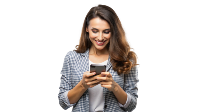 A woman using a smartphone scrolling through social media with a transparent background png.