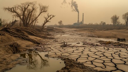 Obraz premium Dried-up riverbed with cracked earth and polluted air near industrial power plant emitting smoke