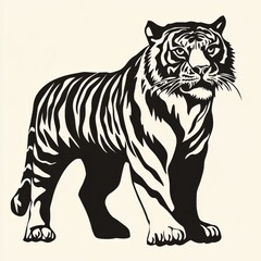 Obraz premium Black and white illustration of a tiger standing on a light background.