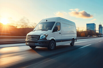 Obraz premium White modern delivery small shipment cargo courier van moving fast on motorway road to city