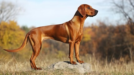 A Redbone Coonhound standing proudly on a , showcasing its sleek coat and expressive eyes