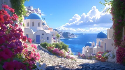 Obraz premium Animated advertisement of Santorini, with white buildings and blue domes overlooking the sea