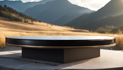 Black marble product display platform with a skyline and sunny backdrop, natural and organic cosmetics, create by Ai
