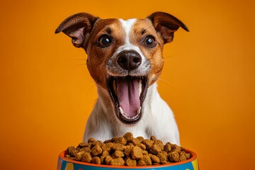 The dog is looking at a large bowl of food, filled with lots of food