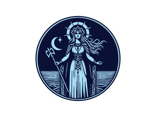  Scandinavian goddess Freya. Blue vintage engraving emblem. Vector illustration