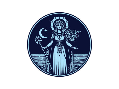  Scandinavian goddess Freya. Blue vintage engraving emblem. Vector illustration