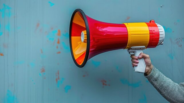 Evoking vintage communication and design, Retro-inspired megaphone illustration with radial sunbeam pattern in yellow and coral.