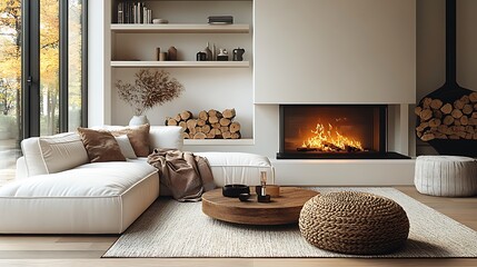  White corner sofa near fireplace. Scandinavian home interior design of modern living room. 