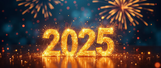 A vibrant, sparkling 2025 sign is showcased with colorful fireworks bursting in the background, creating a joyful atmosphere for New Year celebrations