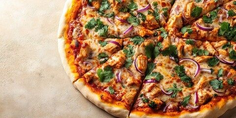 Delicious slice of freshly baked pizza topped with chicken, cheese, and herbs on a rustic surface,...