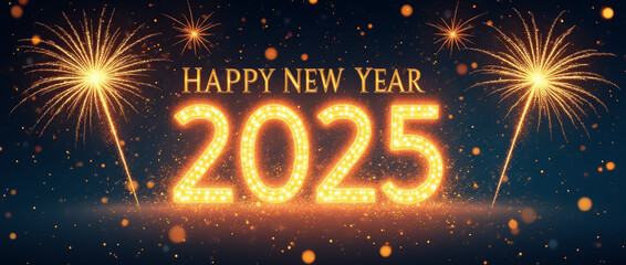A lively New Year celebration features bright fireworks exploding in the night sky, accompanied by a glowing 2025 greeting that enhances the festive atmosphere