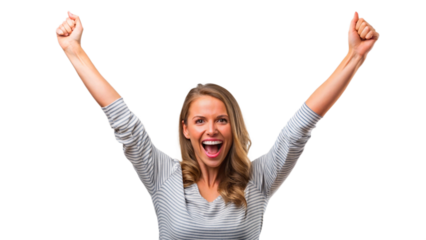 A woman raising her hands in celebration with a transparent background png.