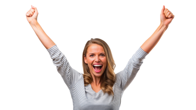 A woman raising her hands in celebration with a transparent background png. - Powered by Adobe