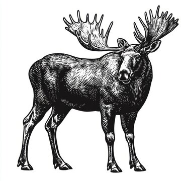 recommend clip art: A black and white illustration of a moose, a large, ungulate mammal known for its large antlers, with a detailed, vintage style.