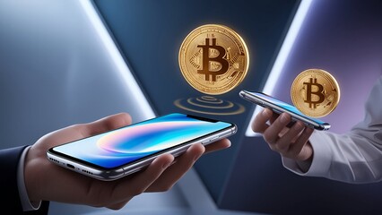 illustration of cryptocurrency bitcoin transfer between two mobile phone through the internet, with miner securing the transaction. True internet stateless digital money