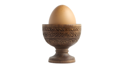 a brown egg in a wooden cup. 