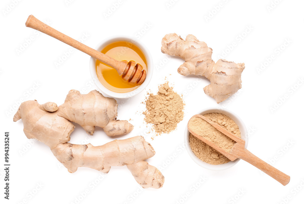 Canvas Prints fresh ginger roots and bowl with dried powder on white background