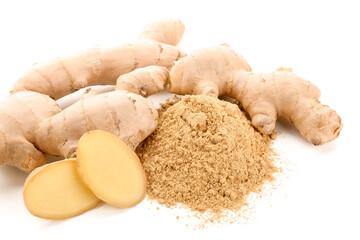 Fresh ginger root and dried powder on white background