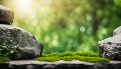 Product display stand featuring a podium made of rocks and a blurred background of a lush forest