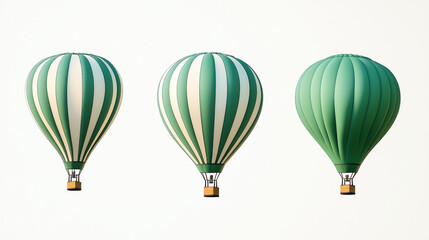 Three green and white hot air balloons floating peacefully in the clear sky during sunrise