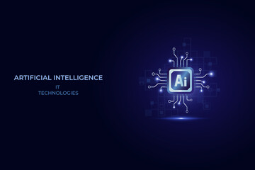 Electronic circuit chip processor, Smart technology artificial intelligence AI, Vector illustration icon gradient blue. Banner IT technology artificial intelligence.