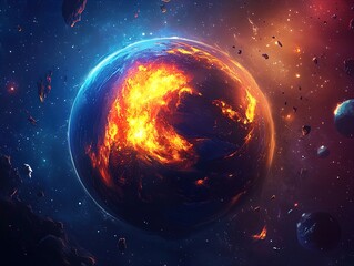 Obraz premium Vibrant Planet on Fire: A Stunning Cosmic Poster Featuring Detailed Continents, Stormy Atmosphere, and Shining Stars, Perfect for Sporty Interiors and Adventurous Spaces!