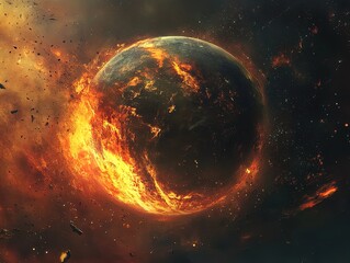 Fototapeta premium Vibrant Planet on Fire: A Stunning Cosmic Poster Featuring Detailed Continents, Stormy Atmosphere, and Shining Stars, Perfect for Sporty Interiors and Adventurous Spaces!