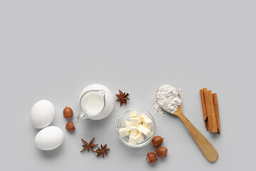 Composition with ingredients for preparing tasty bakery on light background