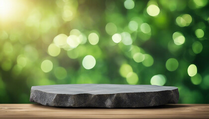 Product display stand featuring a podium made of rocks and a blurred background of a lush forest