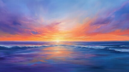 Obraz premium A vibrant sunrise sky reflects in the ocean, creating a serene landscape of color and tranquility.
