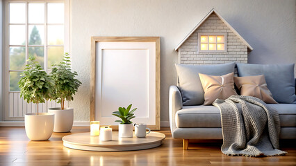 Fototapeta premium Home mockup, cozy interior background, 3d render, white Mock up frame