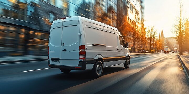 White modern delivery small shipment cargo courier van moving fast on motorway road to city