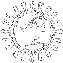 One continuous single drawing line art doodle epidemic, earth, global, disease, pneumonia, virus, quarantine, influenza. Isolated flat illustration hand draw contour on a white background
