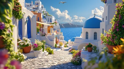 Animated advertisement of Santorini, with white buildings and blue domes overlooking the sea