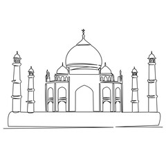 One continuous single drawing line art doodle monument, tourism, architecture, travel, india, palace, islam. Isolated flat illustration hand draw contour on a white background

