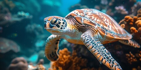 Fototapeta premium Close-up of a sea turtle swimming gracefully among vibrant coral reefs in crystal-clear blue ocean water