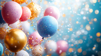 Colorful pastel balloons create a celebratory atmosphere, suitable for a birthday or festive occasion.