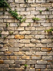 Obraz premium Textured Brick Wall with Green Plants Representing Urban Nature, Minimalism, and Sustainability