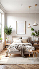 Fototapeta premium Home mockup, cozy Scandinavian bedroom interior, 3d render, white Mock up frame