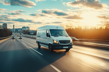 White modern delivery small shipment cargo courier van moving fast on motorway road to city