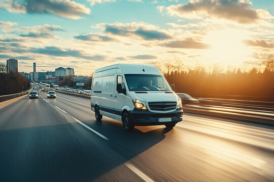 White modern delivery small shipment cargo courier van moving fast on motorway road to city